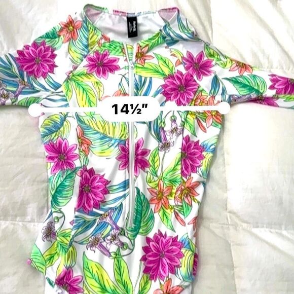 Hurley (NWT) Vibrant Pink, Green &Blue Floral Long Sleeve Swimsuit/ Rashguard-M - Picture 6 of 11